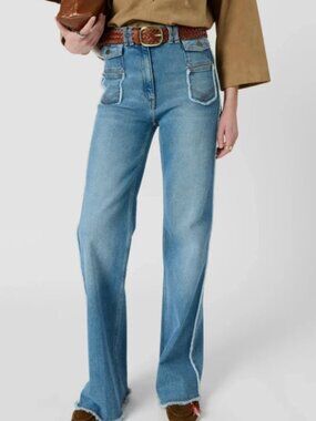 Gerard Darel Anna Flare a Franges Jeans Belted Wide Leg Frayed Women Size 36/US4